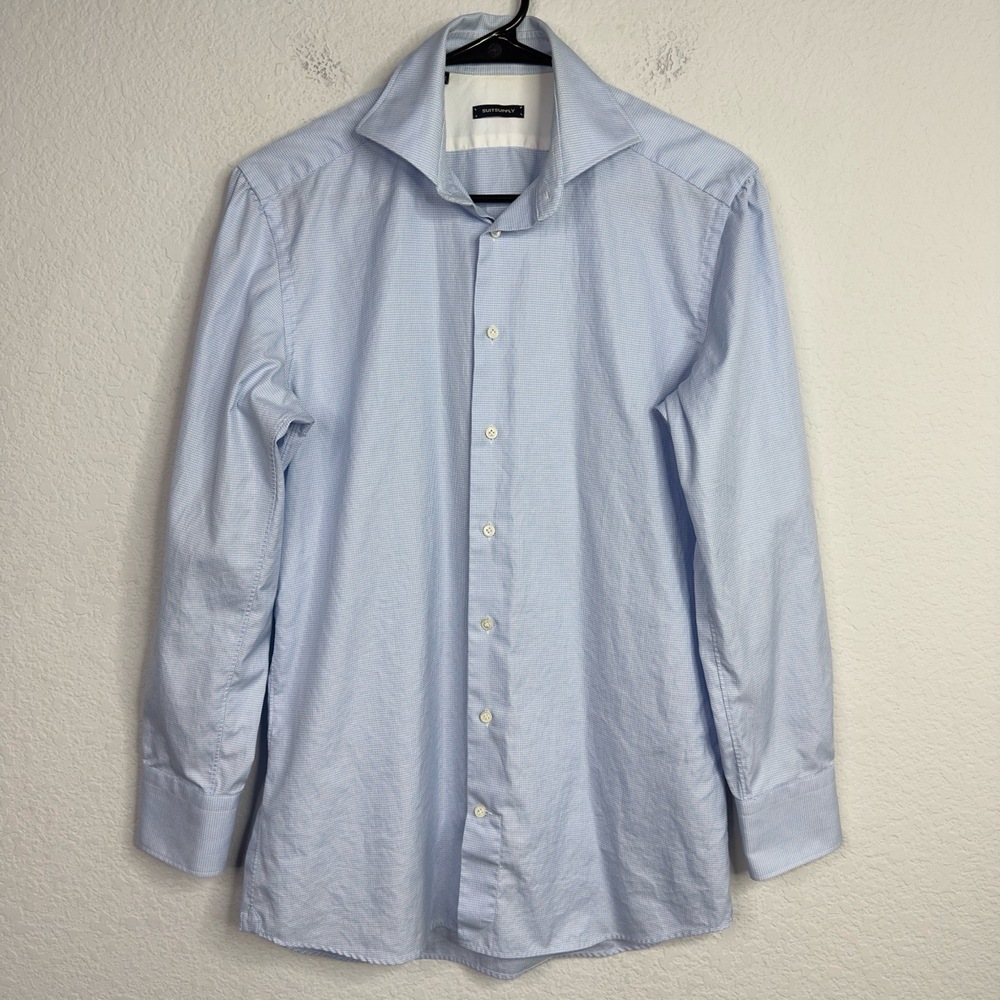 Suitsupply Shirt Mens 38/15 Blue Houndstooth Button Long‎ Sleeve Career Preppy